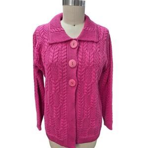 Aran Crafts Ireland 100% Merino Wool Big Button Pink Sweater Sz M gtds